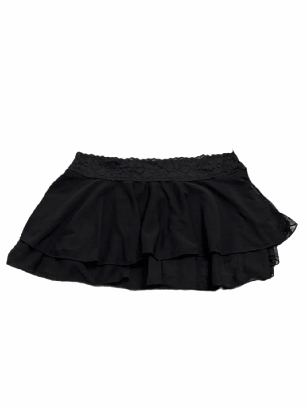 90s European Vintage Mesh Lace Tiered Ruffle Mini Lingerie Skirt (Black) Small